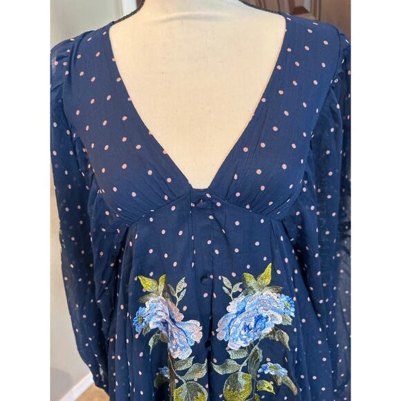 Asos Design Blue Polka Dot Embroidered Flowers Dress - Picture 5 of 9